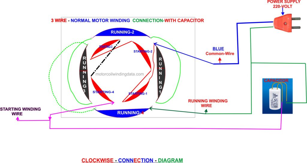 Three-Wire Motor Connection With a Capacitor.motorcoilwindingdata.com